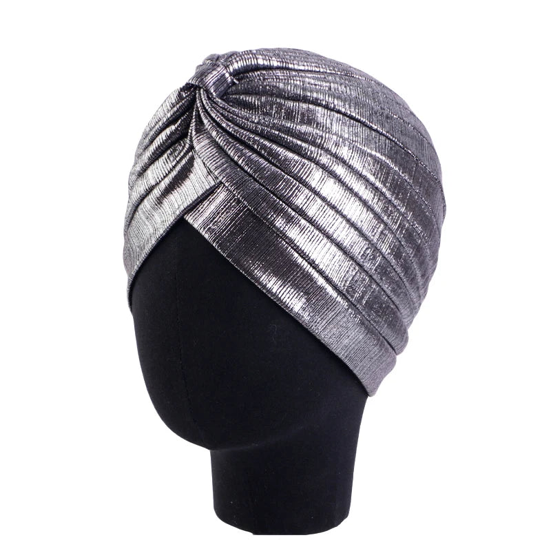 New Women's Metallic Pleated Knot Turban Hat Retro Ethnic Hat Elastic Head Wrap Shiny Beanies Head Scarf Bonnet Chemo Cap