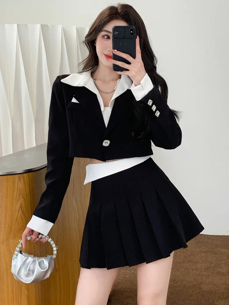 KIMLUD, Elegant Fashion Two Piece Set Women Short Blazer Coat Crop Top + Pleated Skirt Suit Spring Office Lady 2 Piece Sets Women Outfit, KIMLUD Womens Clothes