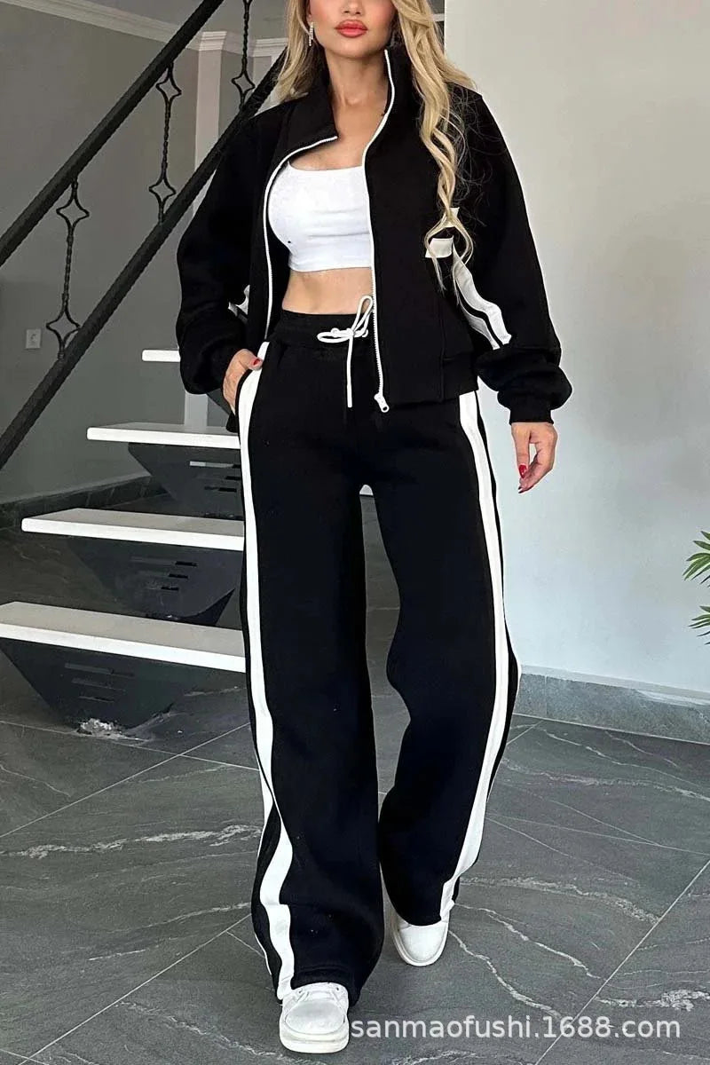 Two Piece Set Women Fashion Striped Splicing Lapel Zipper Coat High Waist Pants Outfit Autumn Winter Long Sleeve Suit Tracksuit