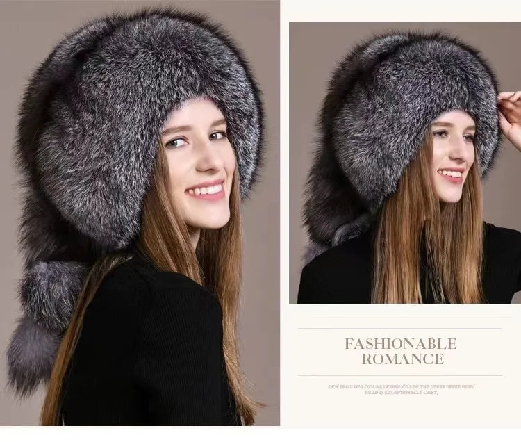 Real Fox Fur Hat For Women Winter Thickened Warm Natural Fur Princess Hat Adjustable Russians Cap Real Raccoon Fur Bomber Caps