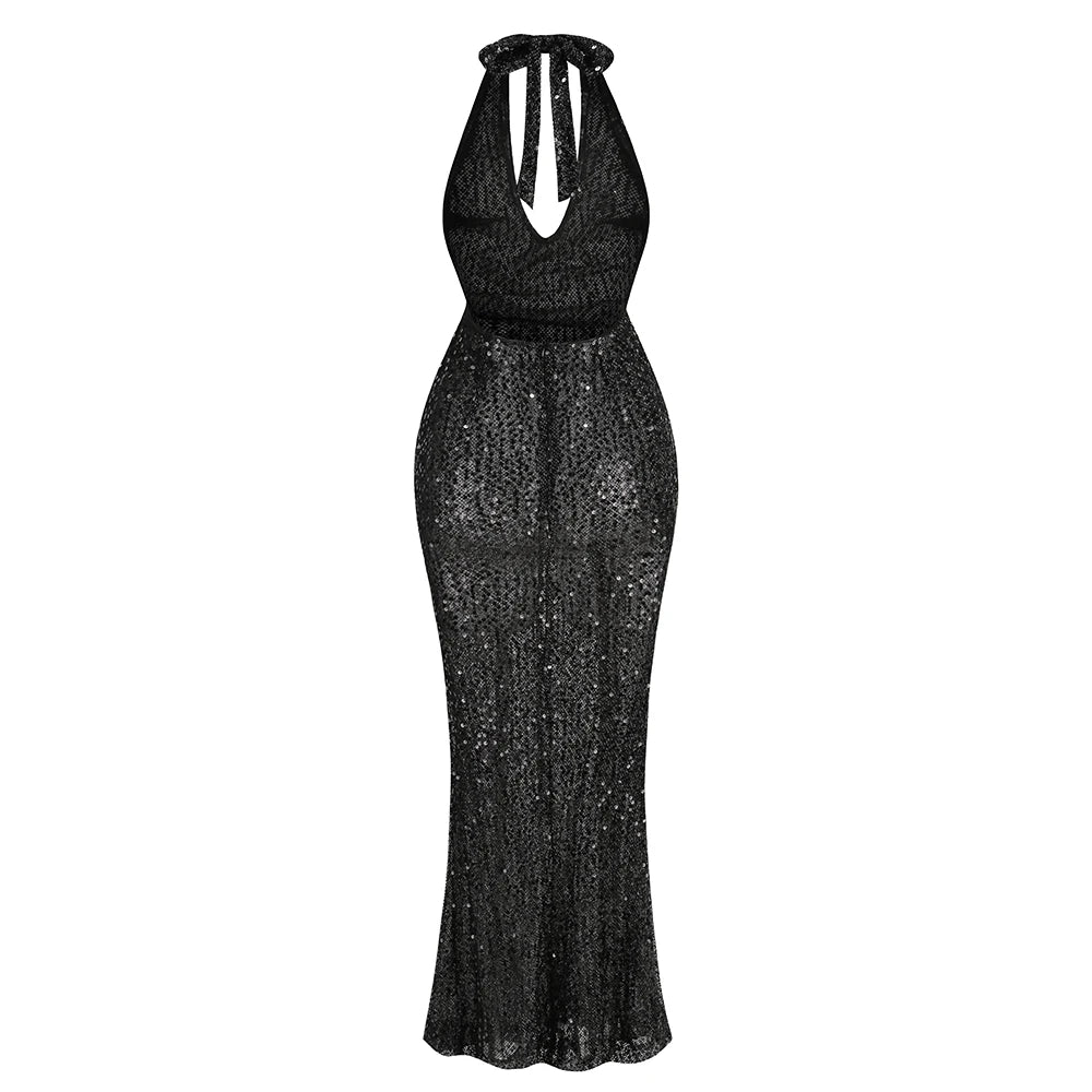 Luxury Designer Women Sexy Halter Backless See Through Mesh Sequines Glitter Ankle Length Evening Club Party Dress Gala Gowns