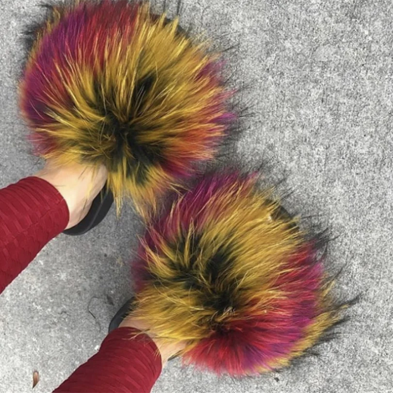 New Arrival Girl Luxury Fluffy Fur Slippers Ladies Indoor Warm Furry Fur Flip Flops Women Amazing Plush Fur Slides Wholesale Hot - KIMLUD