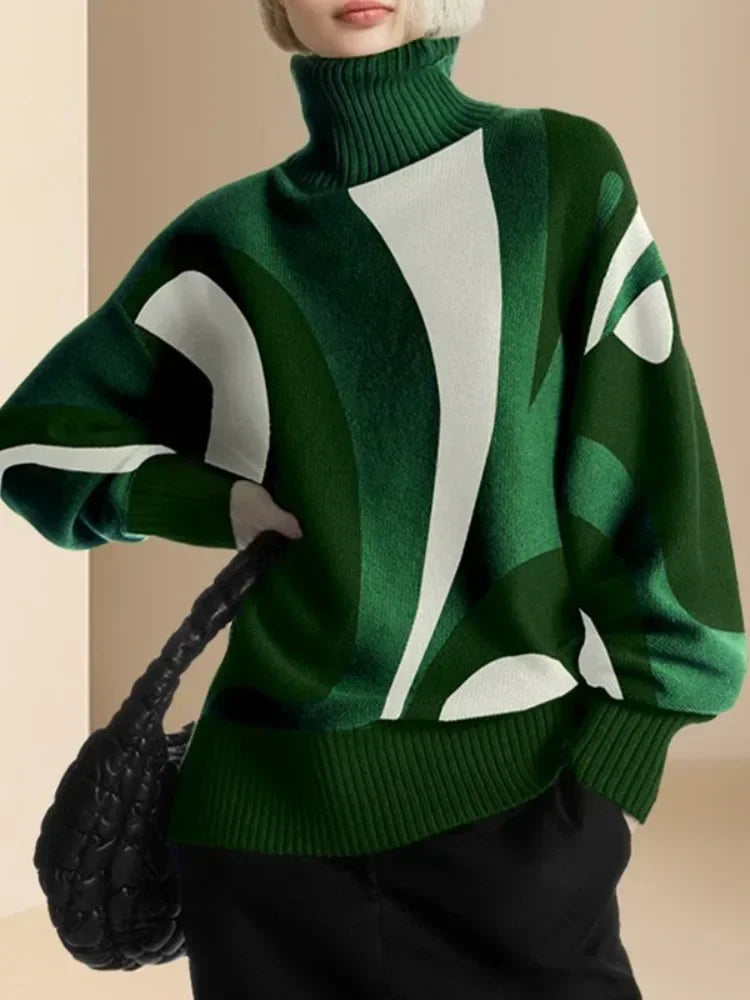 Beautyblue Women's Winter Clothing Luxurious Knitwear Green Casual Contrast Color High Neck Female High Neck Pullovers Sweater - KIMLUD