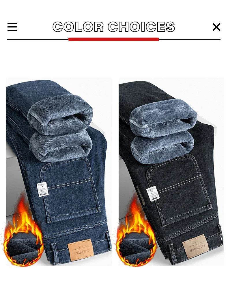 Winter Korean Fashion Brushed Jeans for Men's Thickened Warm Elastic Slim Comfortable Straight Fleece Denim Trousers