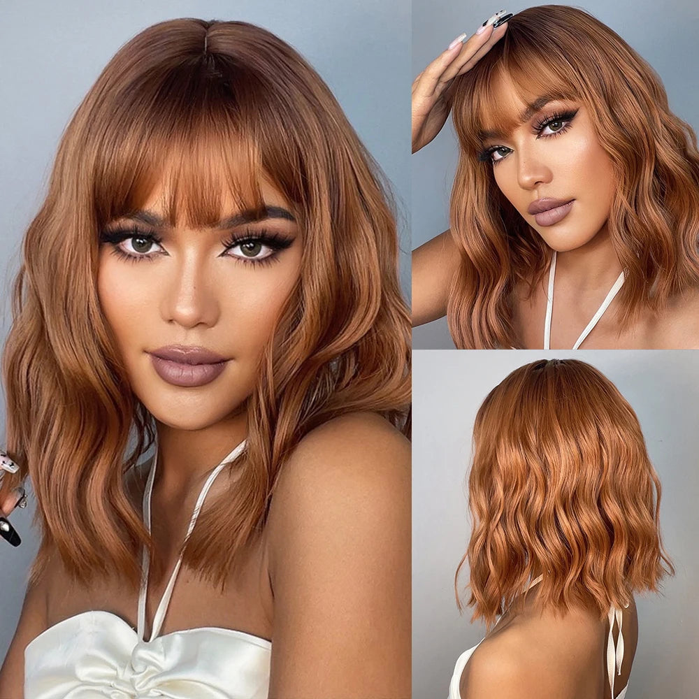 HENRY MARGU Red Copper Ginger Synthetic Wigs with Bangs Medium Water Wave Natural Bob Daily Hair Wigs for Women Heat Resistant - KIMLUD