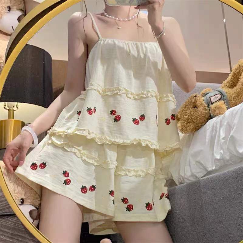 Pajama Sets Women Summer Thin Sweet Cute Strawberry-print Fungus Edge Sleeveless Kawaii Student All-match Leisure Elegant Tender - KIMLUD