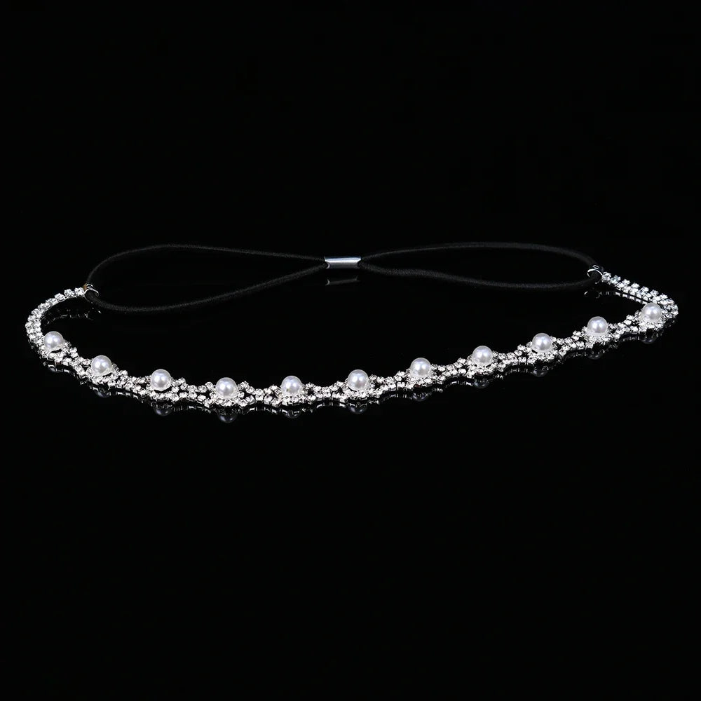 New Fashion Women Elastic Rhinestone Headband Women Wedding Bridal Hair Chain Pearl Crystal Hair Band Head Chain Accessories