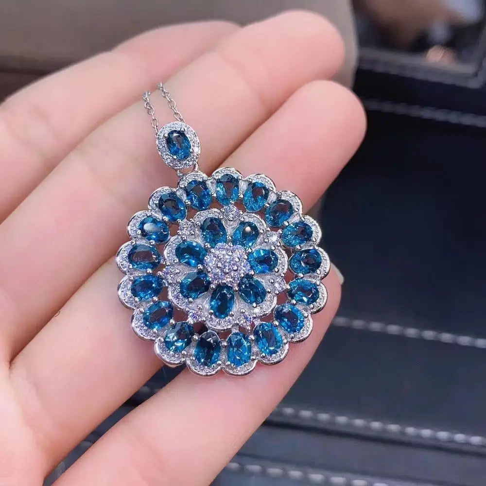 Natural London Blue Pendant With Chain Genuine S925 Sterling Silver Necklace Woman Fashion Jewelry Topaz Jewelry Bridal Pendant