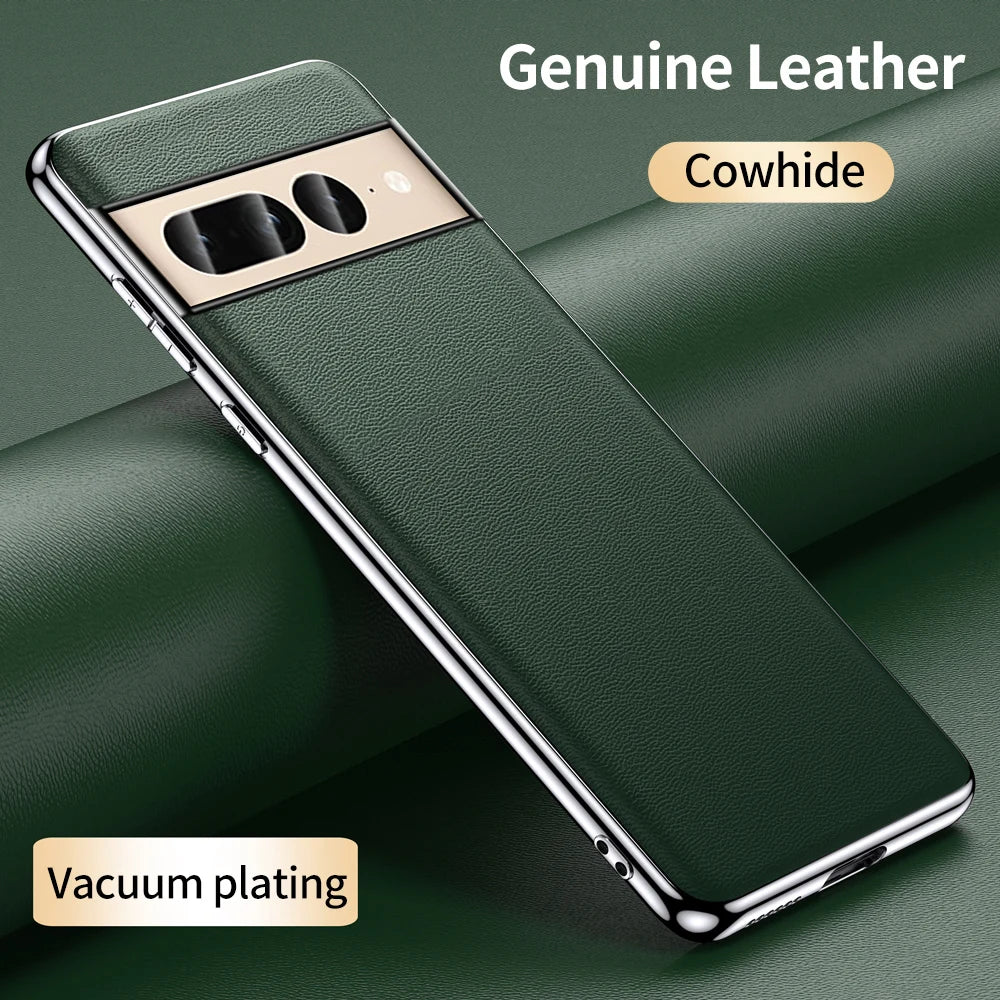 Genuine Cowhide Leather Phone Case for Google Pixel 9 Pro XL 8 7 6 Pro 7A 6A Luxury Plating Shockproof Full Protection Cover - KIMLUD