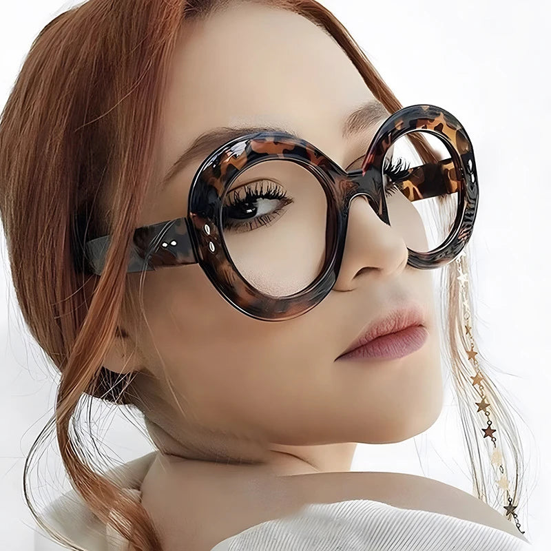 Oversized Round Glasses Frames Women Fashion Clear Lens Optical Eyeglasses Frame Ladies Eyewear Leopard Black - KIMLUD