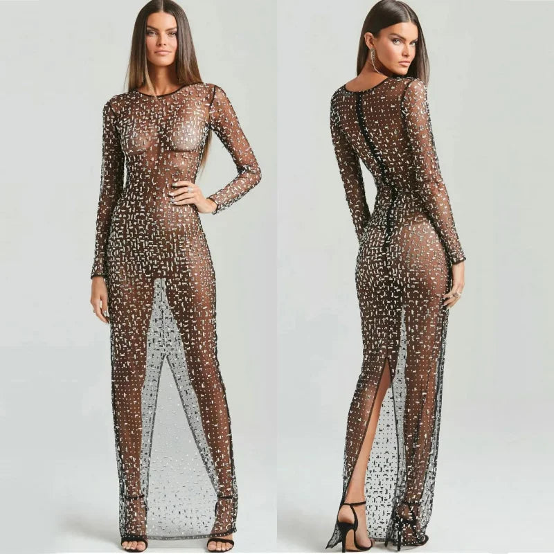 Glitter Female Cover up Maxi Dress Mesh See-Through Split Fashion Long Sleeve Slim Sexy Beach Cover up Dress For Women New