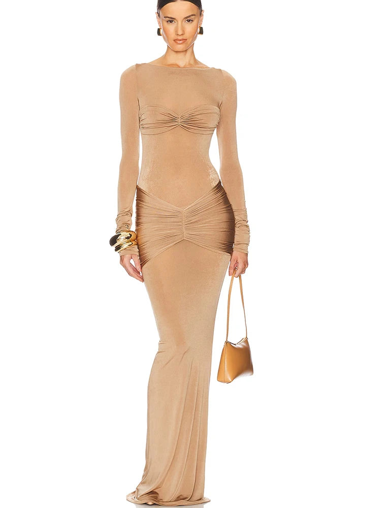 JULISSA MO Elegant Round Neck Ruched Maxi Dress For Women Khaki Long Sleeve Evening Dress Female Winter New Party Women Clothing