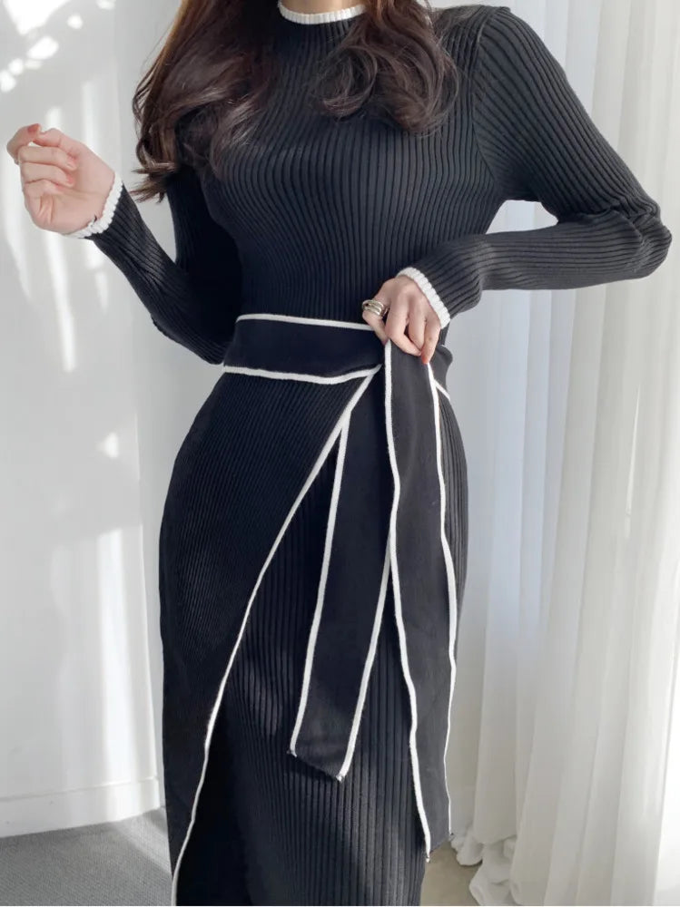 Elegant Stand Collar Contrast Bandage Long Sleeve Women Knitted Dress Autumn Korean Fashion Casual Knit Bodycondresses Vestidos