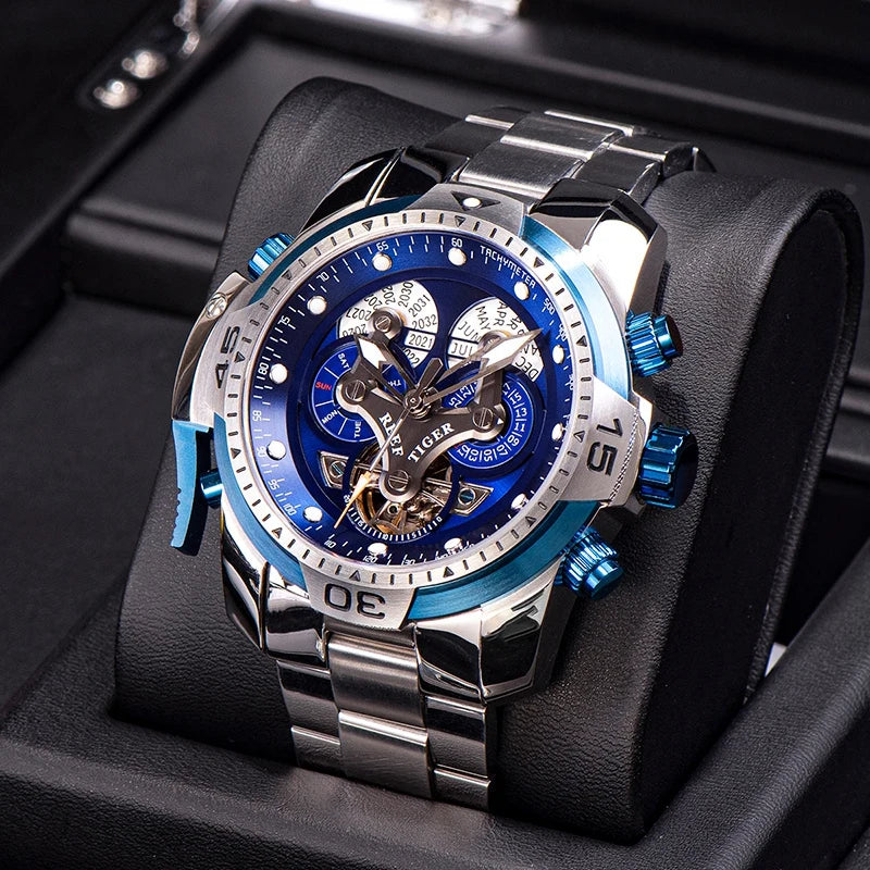 KIMLUD, Reef Tiger/RT Designer Sport Mens Watch with Perpetual Calendar Date Day Complicated Blue Dial Mechanical Bracelet Watch RGA3503, RGA3503-YBYB / CHINA, KIMLUD APPAREL - Womens Clothes