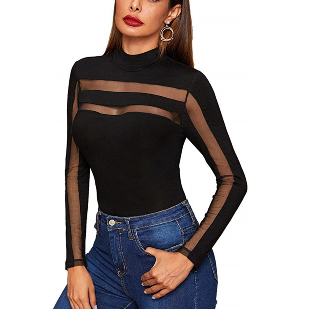 Mesh See Through Sexy Bodysuit Women Long Sleeve Round Neck Skinny Backless Patchwork Slim High Waist Wild Slim Rompers