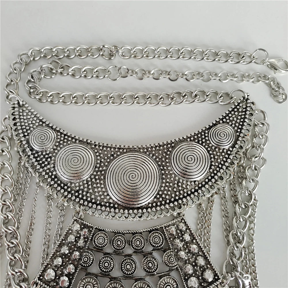 2024 New Indian Vintage Metal Chains Leaf Tassel Large Necklaces Pendants Women Punk Retro Silver Plated Statement Necklace Jewe - KIMLUD