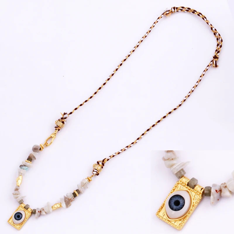 New Style Multi Color Braided Rope Star Moon Heart Hand Eye Charm Necklace,Unique Mix Stone 18K Gold Cotton Cord Jewelry Finding