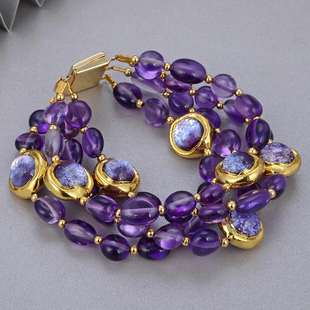 GuaiGuai Jewelry 4Rows Natural Purple Amethysts Rough With Electroplated Edge Purple Murano Glass Bracelet 8" For Women - KIMLUD