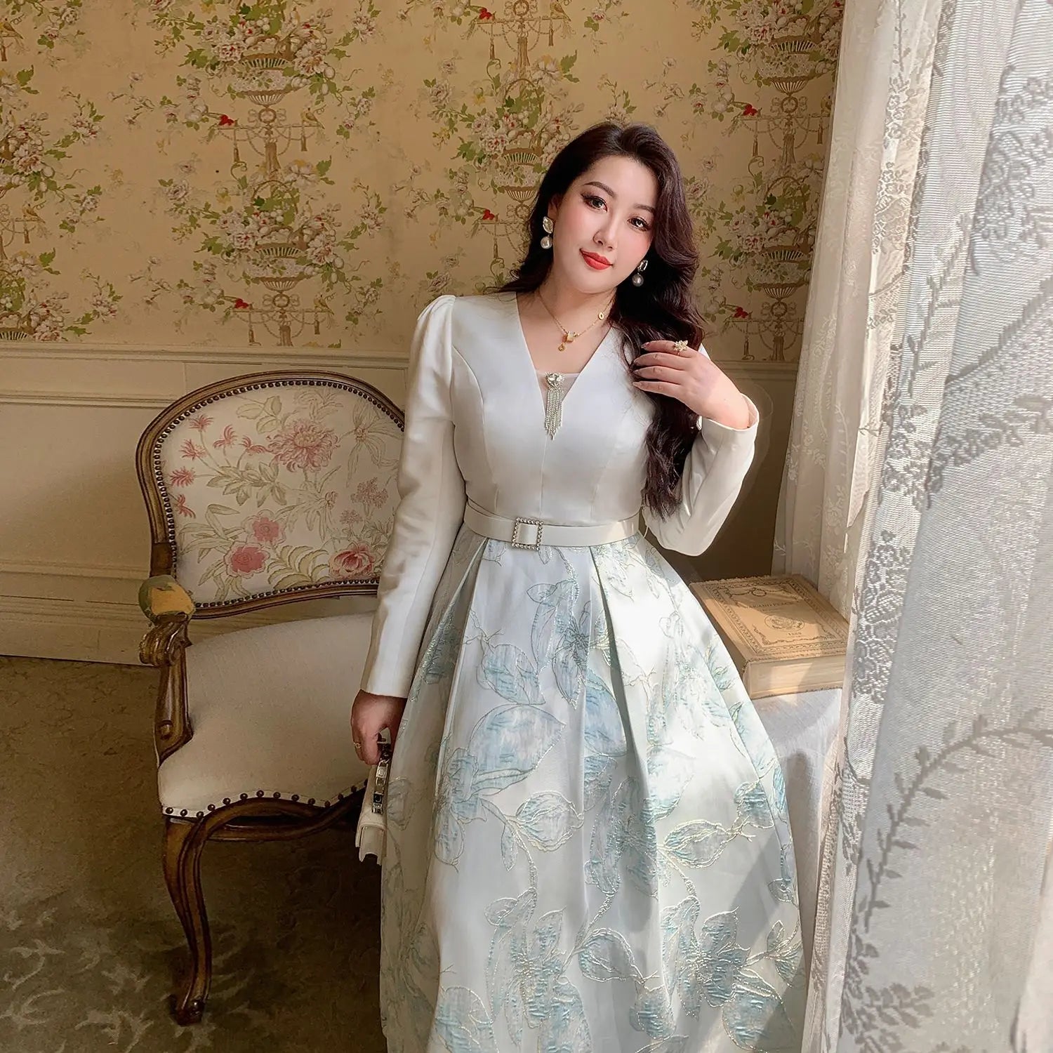 Luxury Big Size Jacquard Dress With Belt Occasion V-Neck Brocade Dress Women Long Sleeve Party Evening Clothing Ball Gown