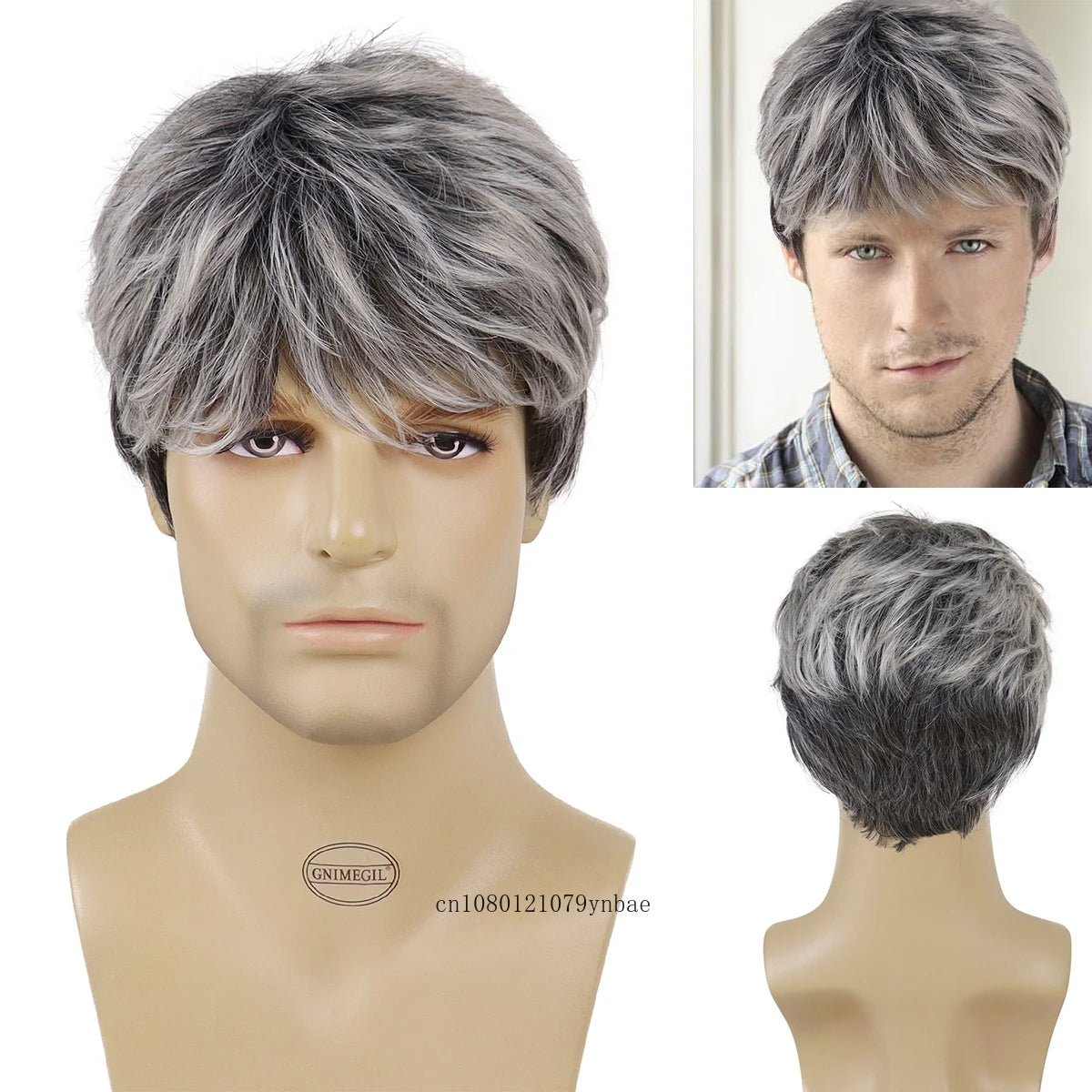 KIMLUD, Male Mix Grey Wigs Synthetic Hair Short Wig with Bangs for Men Daddy Hairstyles Gifts Daily Cosplay Costume Party Heat Resistant, Mix Grey, KIMLUD APPAREL - Womens Clothes