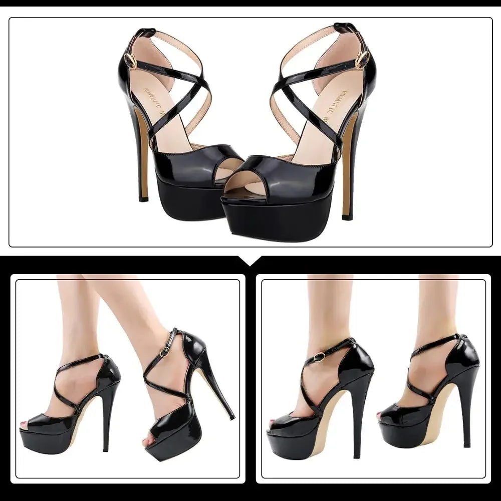 2024 Women Sandals 14CM Platform High Heels Sexy Ankle Strap Sandal Open Toe Stilettos Party Dress Wedding Shoes Plus Size 44