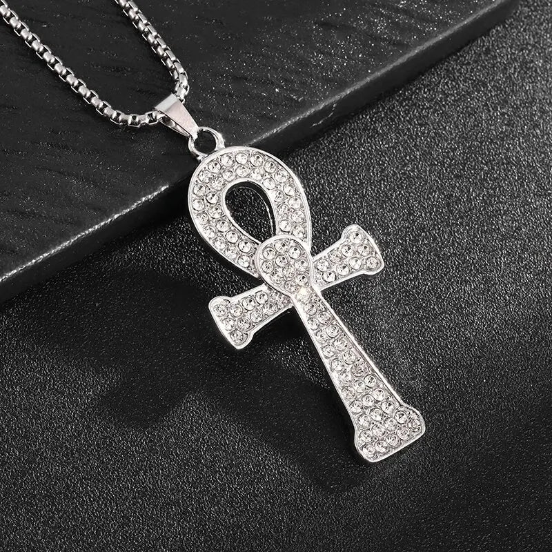 KIMLUD, Fashion Classic Vintage Egypt Ancient Ankh Cross Pendant Necklace for Men Trend Punk Women Glamour Jewelry, AL20959-Silver, KIMLUD APPAREL - Womens Clothes