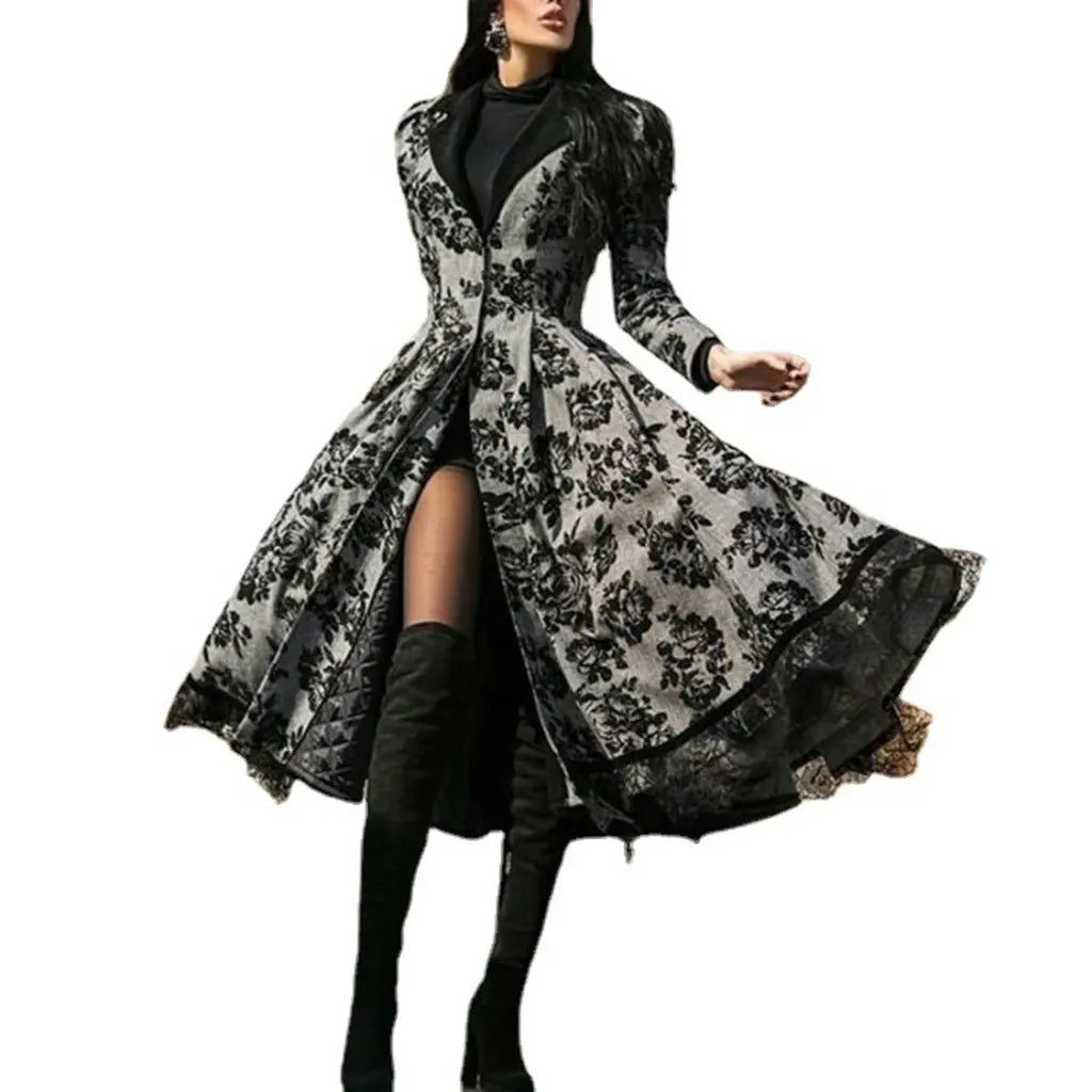 Women Vintage Party Trench Long Sleeve Autumn Splicing Lace Button Coat Female Casual Big Swing Fashion Long Jackets