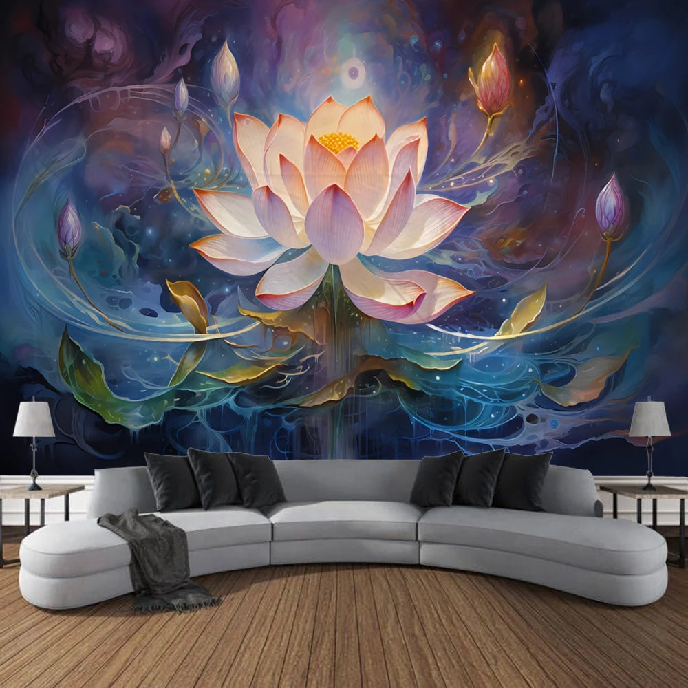 Meditation Lotus Tapestry Wall Art, Large Tapestry Mural Decoration, Home, Bedroom, Living Room Decoration - KIMLUD