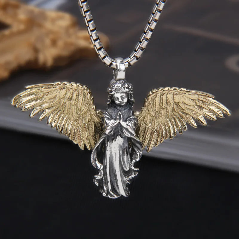 KIMLUD, Stainless Steel Creative Personality Prayer Angel Pendant Necklace Men and Women Fashion Trend Hip Hop Punk Accessories Jewelry, AL19487, KIMLUD APPAREL - Womens Clothes