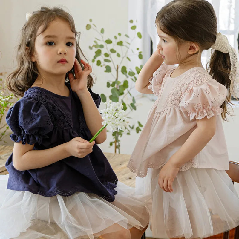 Blouses Summer Korea Girls Children Clothing Sweet Lovely Cotton Puff Sleeve Short Sleeved Shirt 2024 Simple Fashion - KIMLUD