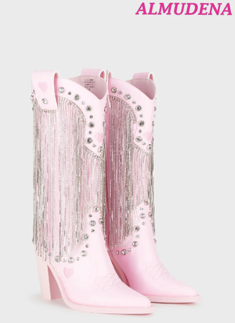 KIMLUD, Pink Crystal Tassels Cowboy Boots Women Chunky Heel Glitter Gem Pointed Toe Knee High Boots Luxury Designer 2023 New Shoes, KIMLUD Womens Clothes