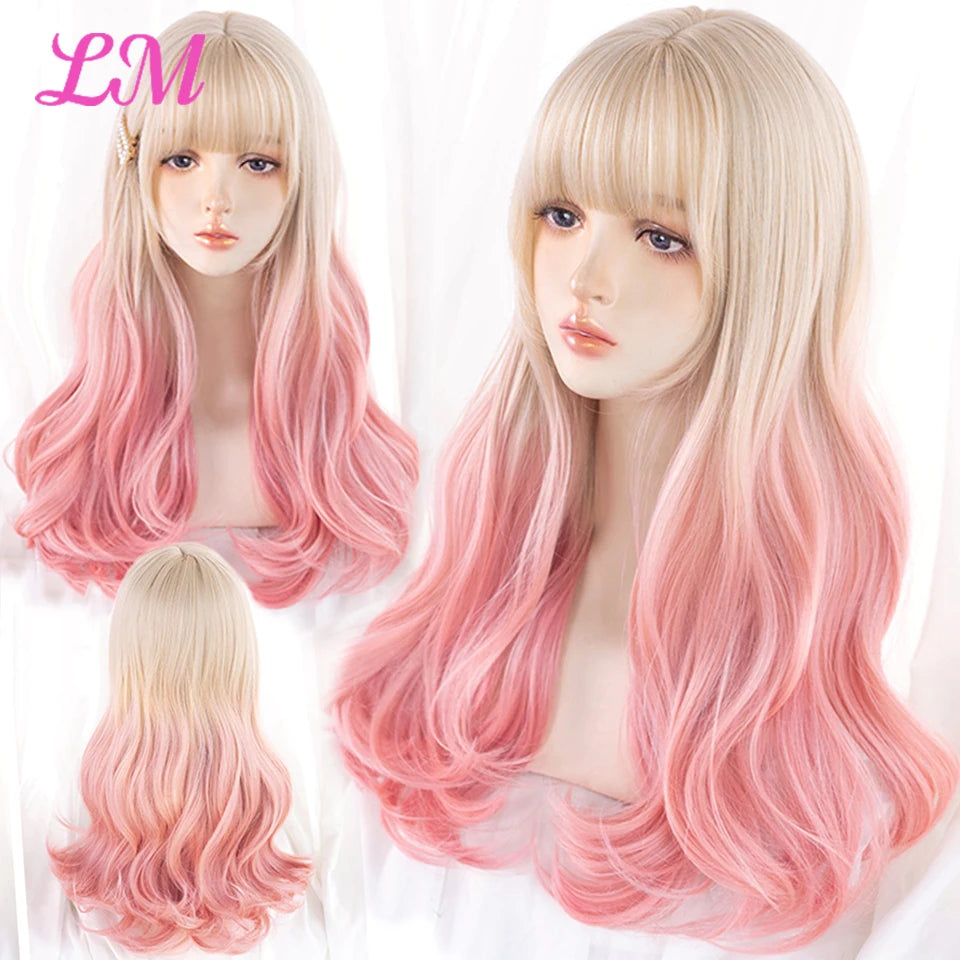 LM Long Natural Wavy Platinum Blonde Pink Wigs with Bangs Cosplay Party Lolita Synthetic Wigs for Women Heat Resistant Fiber - KIMLUD