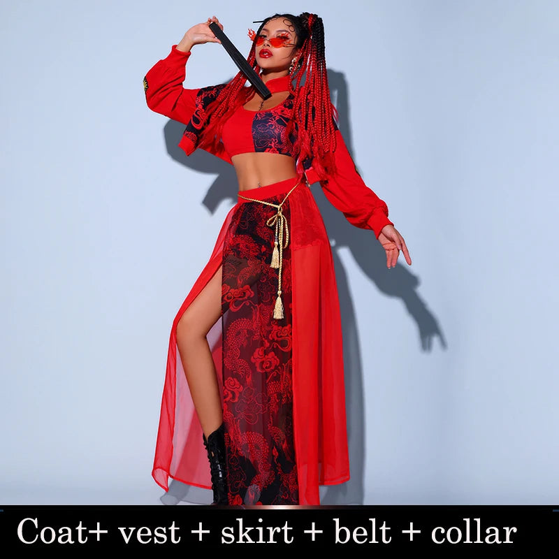 KIMLUD, Red Festival Outfits Hip Hop Clothes For Adults Gogo Dance Stage Costumes Chinese Style Women'S Jazz Performance Clothes, 6208 / S, KIMLUD APPAREL - Womens Clothes