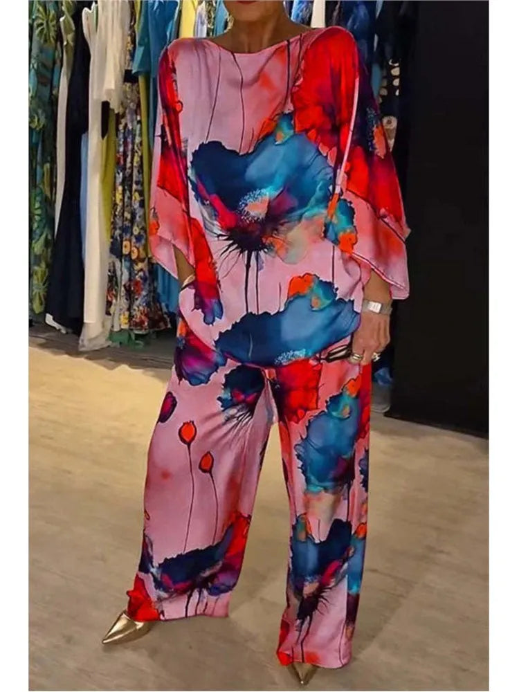 Summer Fashion Printed Satin Two Piece Sets Women Sexy Round Neck 3/4 Sleeved Top + Wide Leg Long Pants Casual Two Piece Set - KIMLUD