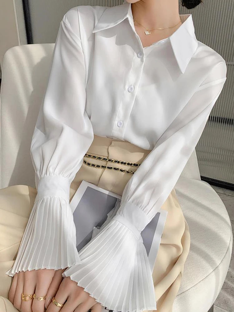 Jmprs Designed Women Flare Sleeve Women Shirts Office Ladies White Korean Fashion Fall Tops Elegant Button Up Female Shirt