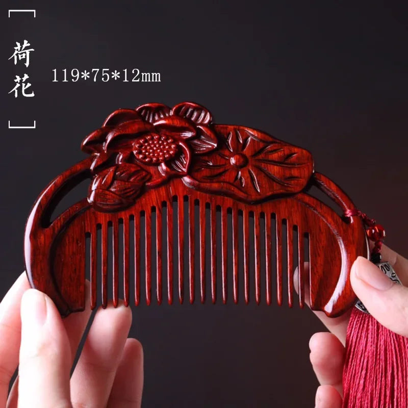 Natural Rhinoceros Horn Small Leaf Red Sandalwood Carved Wood Comb Retro Style Massage Comb Gifts with comb