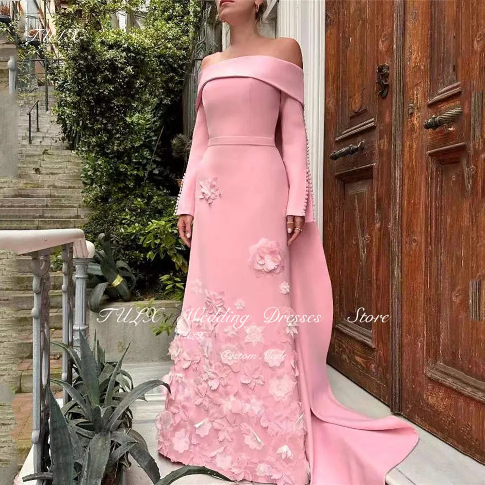 TULX Evening Dresses Crepe Off the Shoulder Appliques 3D Floral Exquisite Floor Length Pink Luxurious السعود For Woman 2025 - KIMLUD