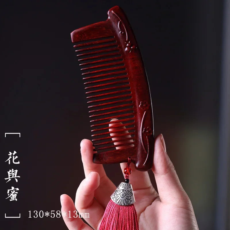 Natural Rhinoceros Horn Small Leaf Red Sandalwood Carved Wood Comb Retro Style Massage Comb Gifts with comb