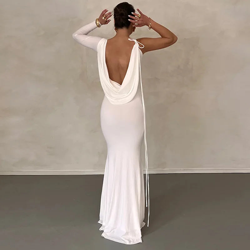 Dulzura Lace Up Long Sleeve One Shoulder Maxi Dress For Women Bodycon Party Elegant Outfits Birthday Evening 2023 Summer