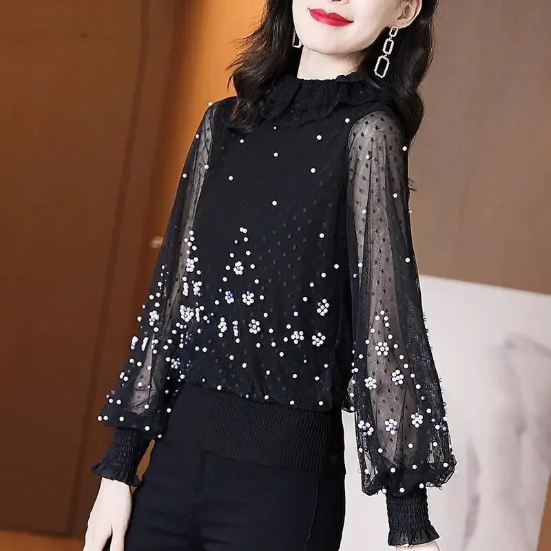 Blouse Women Chiffon Shirt Loose  Women's Clothing Bead Long Sleeve T-shirt Women's Top Blusas Mujer De Moda