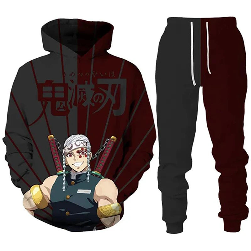 Anime Demon Slayer Hoodies 3D Printed Cosplay pants+Hoodie 2PCS Set Tracksuit Men Oversize Vintage Streetwear Hoodie Pants Sets