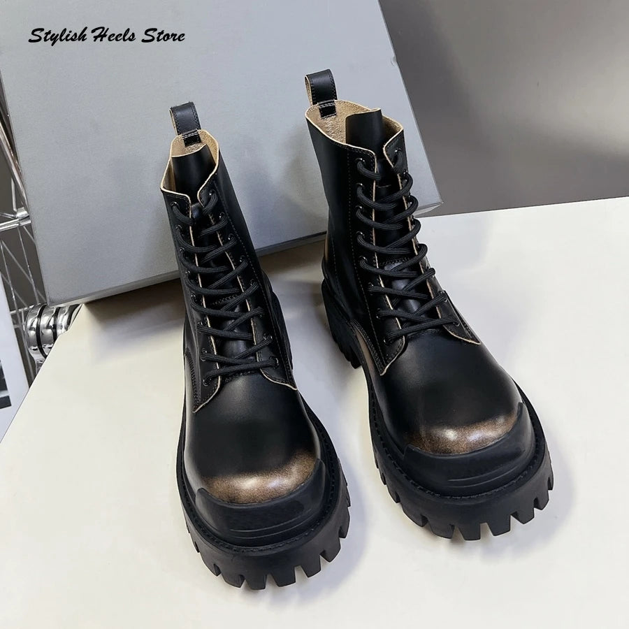 Stylish Thick-toothed Rubber Sole Lace Up Booties Retro Round Toe Ankle Boots for Lovers Fashion Women Men Luxury Modern Boots