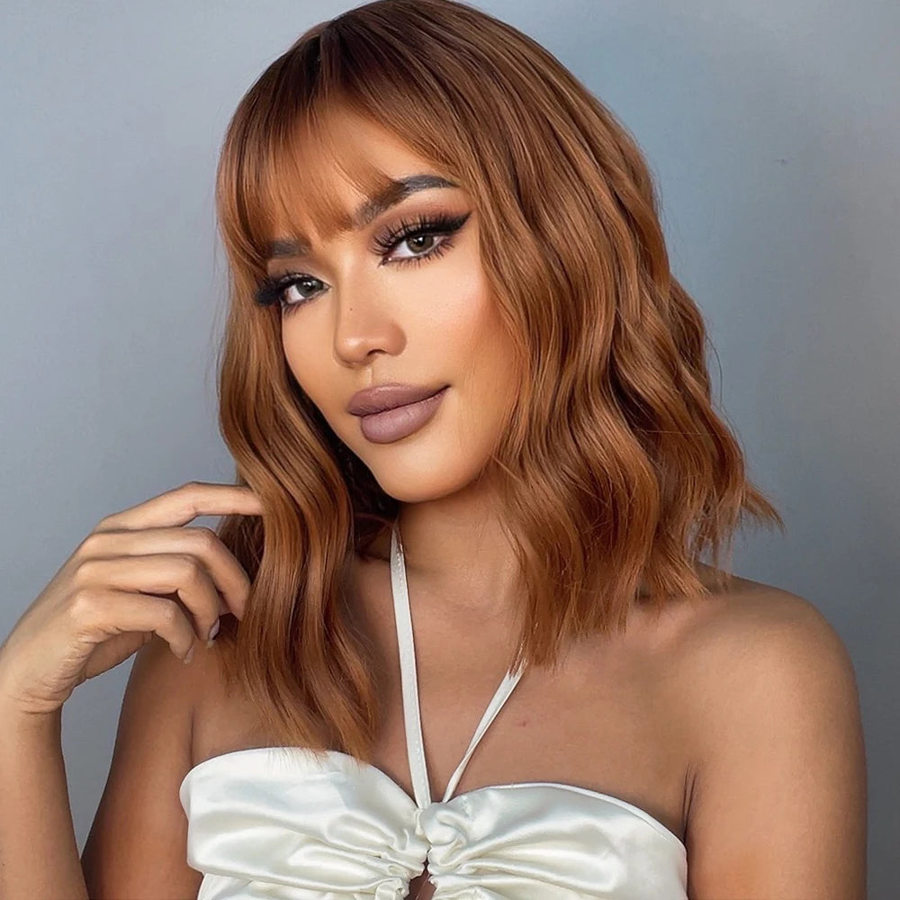 KIMLUD, HENRY MARGU Red Copper Ginger Synthetic Wigs with Bangs Medium Water Wave Natural Bob Daily Hair Wigs for Women Heat Resistant, KIMLUD Womens Clothes