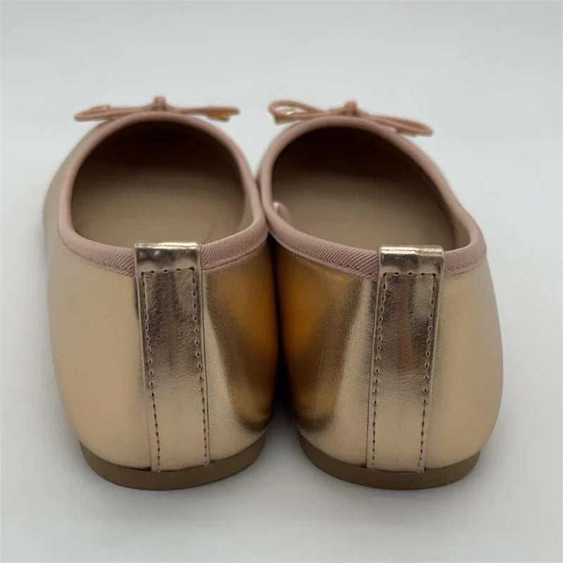 Eilyken Gold Silver Elegant Bowknot Round Toe Women's Flat Comfort Slip-On Ladies Ballerina Single Mules Shoes Zapatos Mujer