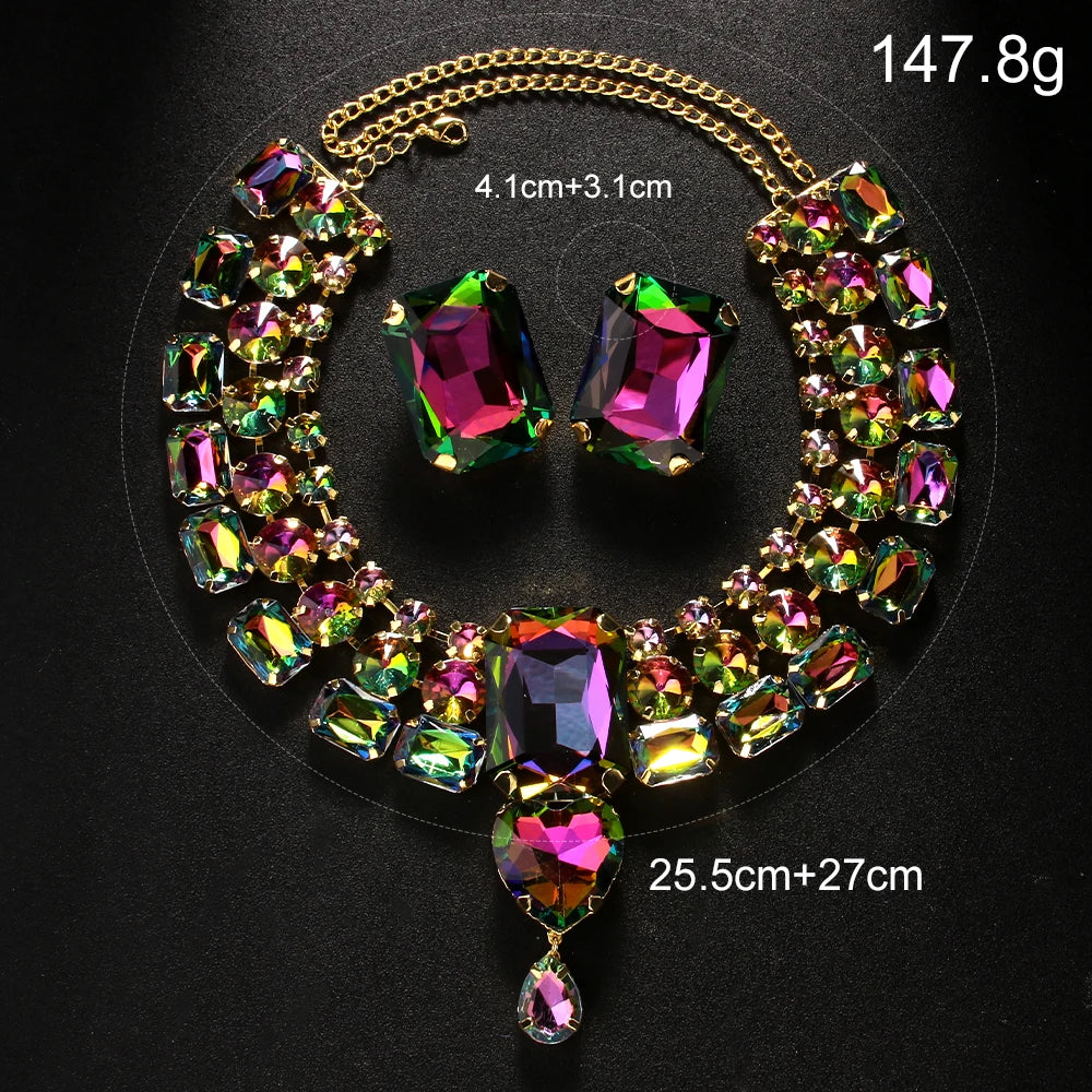 KIMLUD, Gorgeous Large Necklace Earring Set Indian Boho Party Wedding Gift Statement Oversized Drag Queen Costume Necklace Jewelry, KIMLUD Womens Clothes