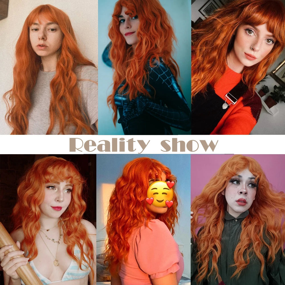 Cosplay Ginger Orange Long Curly Synthetic Wigs with Bangs Deep Wave Lolita Hair for Women Halloween Party Daily Heat Resistant