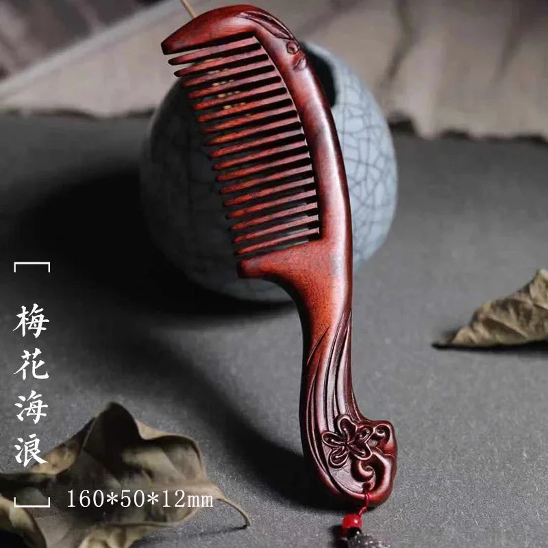 Natural Rhinoceros Horn Small Leaf Red Sandalwood Carved Wood Comb Retro Style Massage Comb Gifts with comb