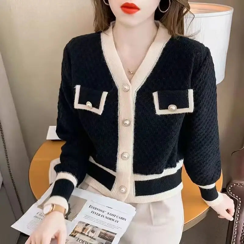 Cardigan Sweater Women's 2024 Spring and Autumn New Style Small Fragrant V-neck Coat Short Western-style Bottom Shirt Top - KIMLUD