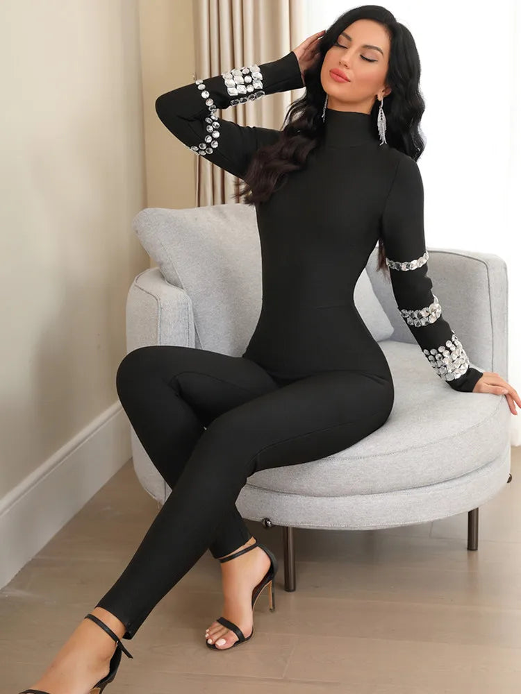 New Women Summer Sexy Long Sleeve Beading Black Bodycon Bandage Jumpsuit 2024 Celebrity Designer High Street Rompers