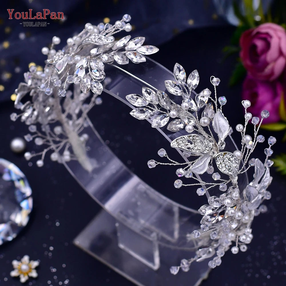 YouLaPan Alloy Leaves Headband Bridal Wedding Rhinestone Headwear Delicate Handmade Beaded Crystal Jewelry Hair Accessory HP272